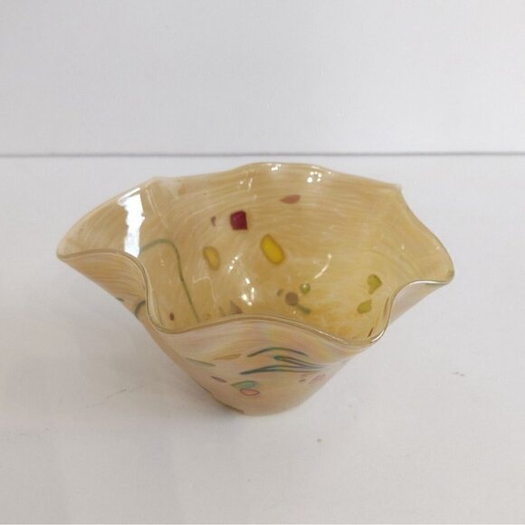 Glass Eye Studio Ruffled Edge Blown Glass Bowl Irridescent Golden Abstract - Picture 4 of 10
